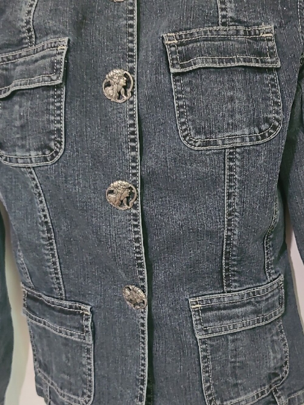 Tahari Charcoal Gray Denim Military-Style Jacket - Picture 4 of 6